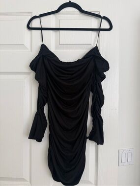 Black off the shoulder mini dress with ruching